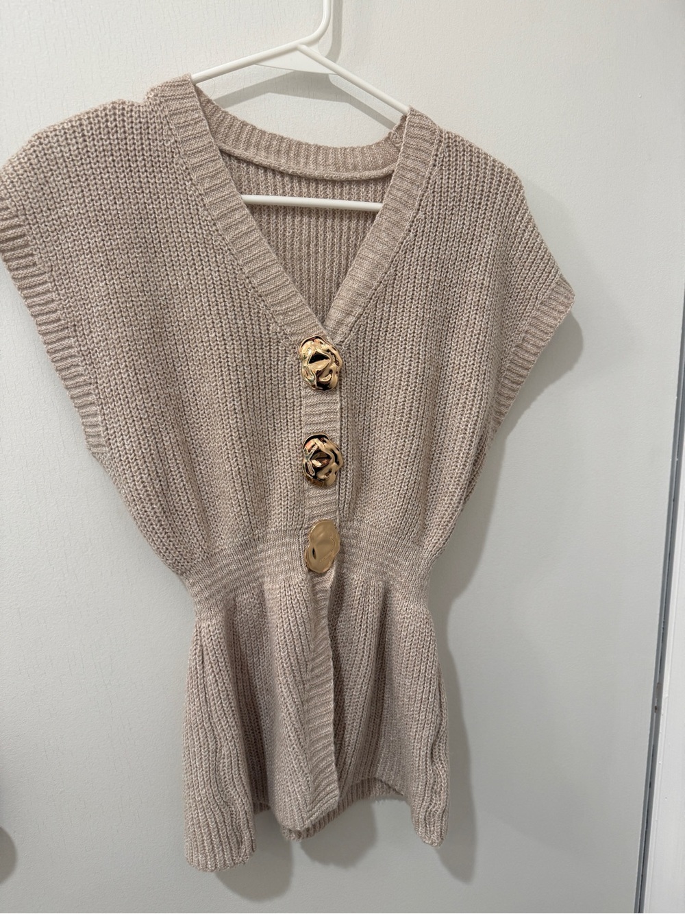 Sleeveless Knit Cardigan with Gold Buttons - Beige